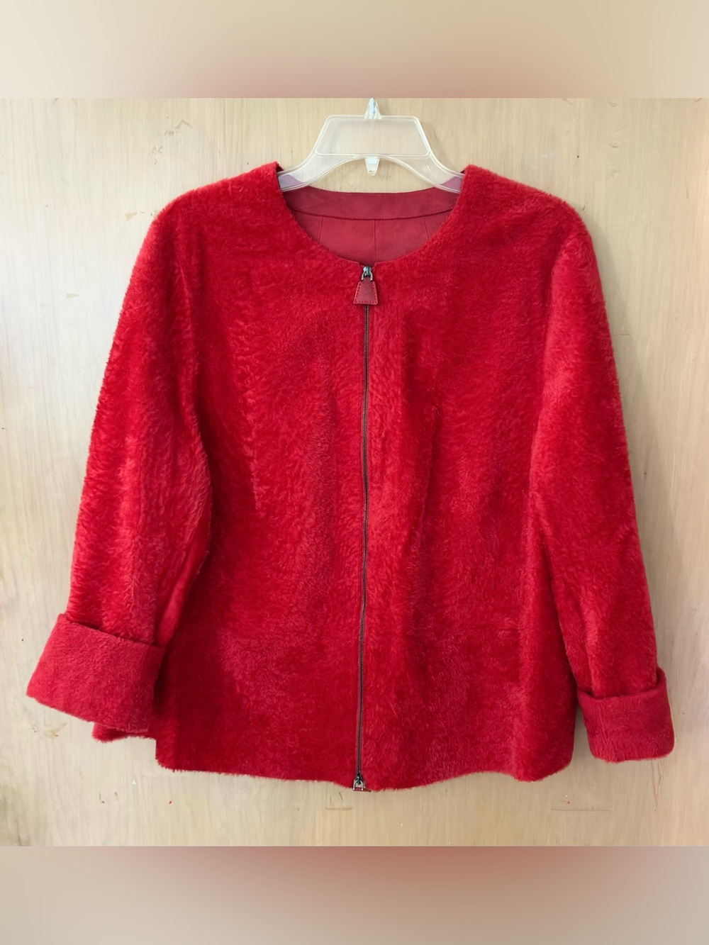 Vintage Womens Shearling Fur Leather Zip Jacket Large Red Collarless Teddy Coat